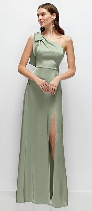 bow one-shoulder fluid satin maxi dress with full skirt