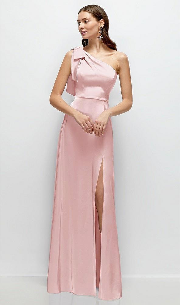 bow one-shoulder fluid satin maxi dress with full skirt