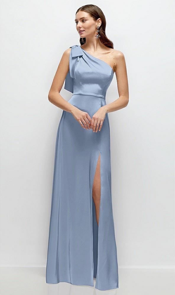 bow one-shoulder fluid satin maxi dress with full skirt