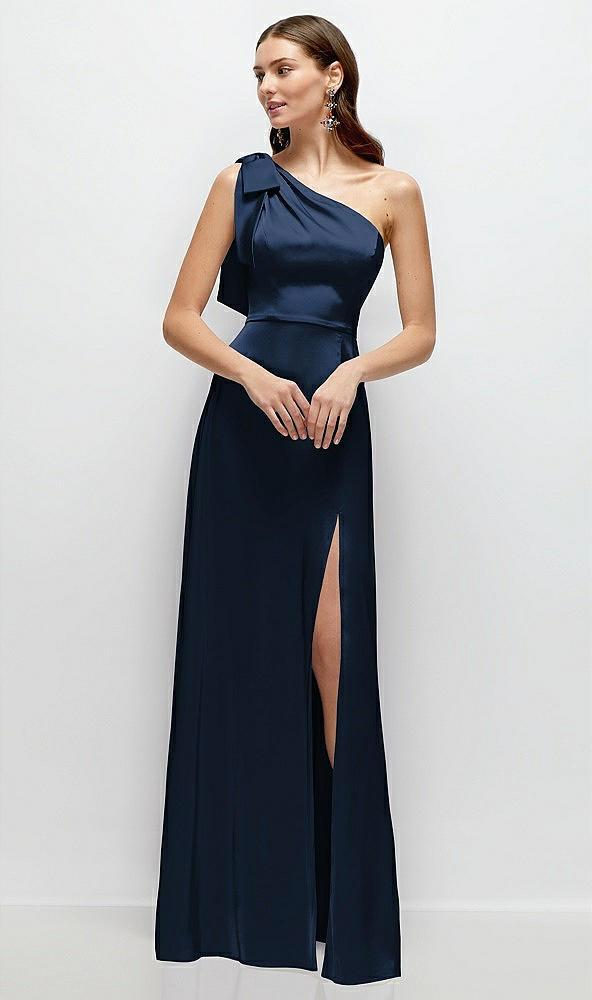 bow one-shoulder fluid satin maxi dress with full skirt