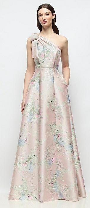 bow one-shoulder full a-line esme floral satin maxi dress