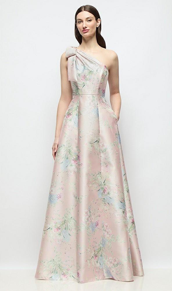 bow one-shoulder full a-line esme floral satin maxi dress