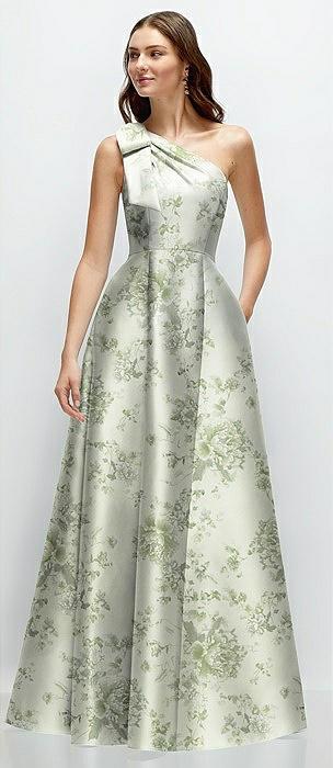 bow one-shoulder full a-line floral satin maxi dress