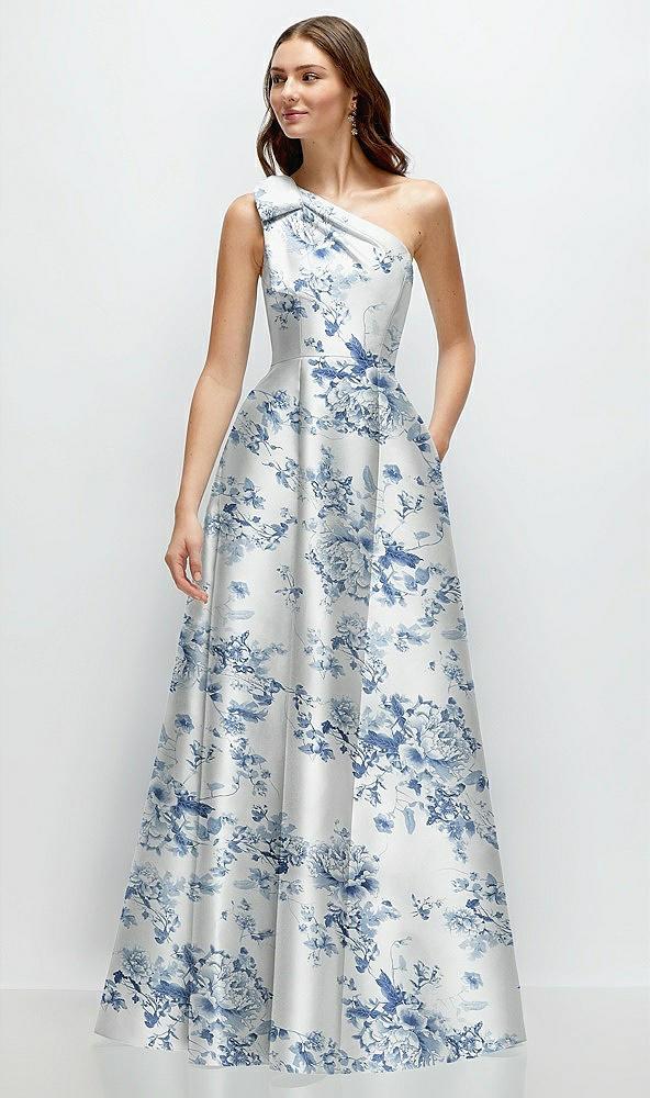 bow one-shoulder full a-line floral satin maxi dress