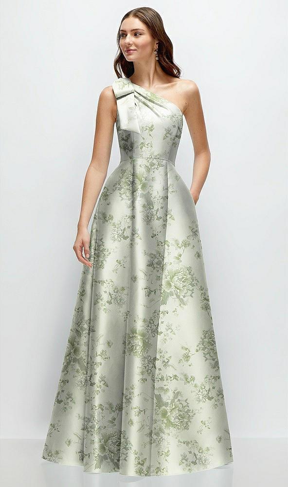 bow one-shoulder full a-line floral satin maxi dress
