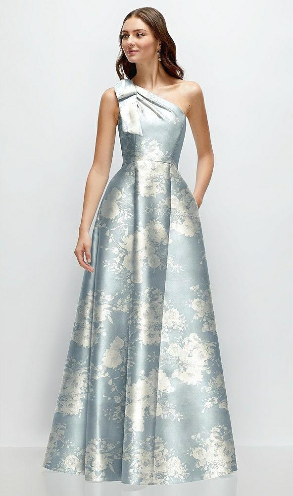 bow one-shoulder full a-line floral satin maxi dress
