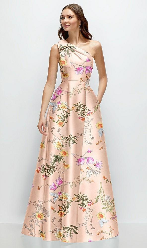 bow one-shoulder full a-line floral satin maxi dress