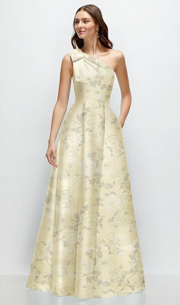 bow one-shoulder full a-line floral satin maxi dress