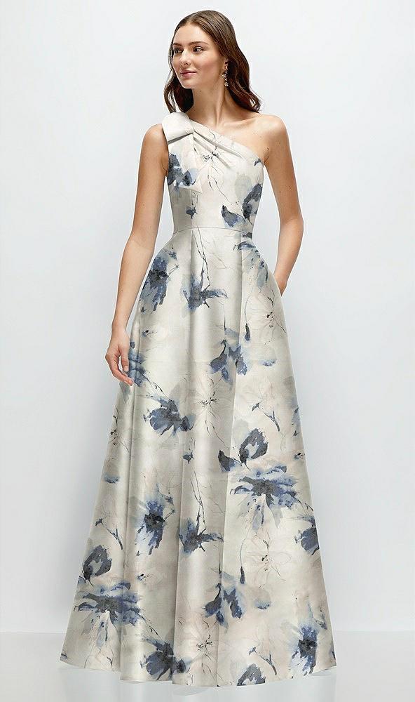 bow one-shoulder full a-line floral satin maxi dress