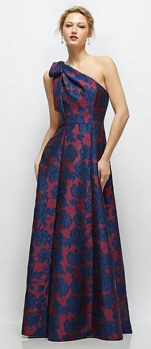 bow one-shoulder full a-line heritage floral jacquard maxi dress