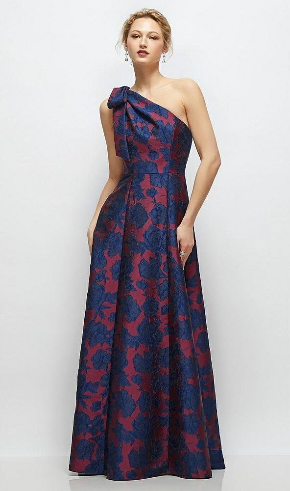 bow one-shoulder full a-line heritage floral jacquard maxi dress