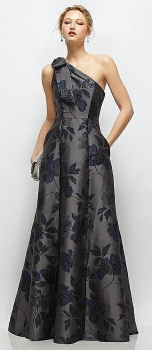 bow one-shoulder full a-line noir garden metallic jacquard maxi dress