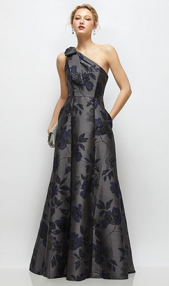 bow one-shoulder full a-line noir garden metallic jacquard maxi dress