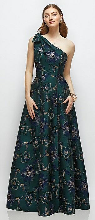 bow one-shoulder full a-line oscar metallic floral jacquard maxi dress