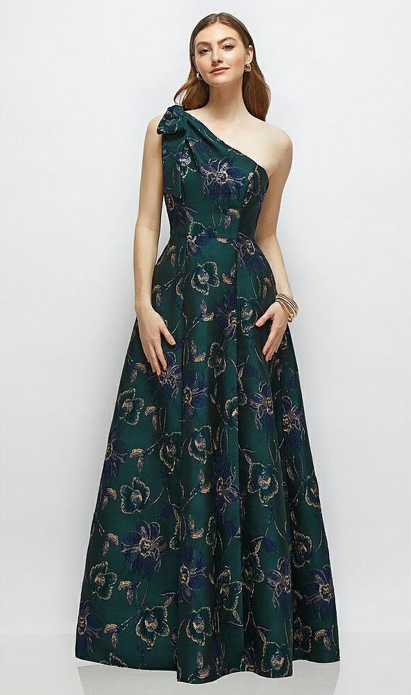 bow one-shoulder full a-line oscar metallic floral jacquard maxi dress