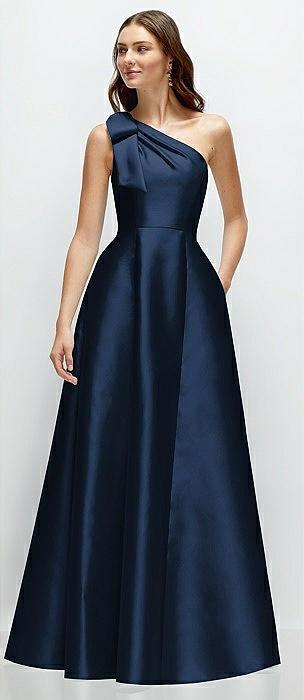 bow one-shoulder full a-line satin maxi dress