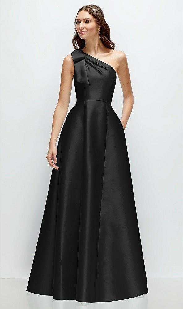 bow one-shoulder full a-line satin maxi dress
