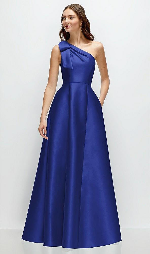 bow one-shoulder full a-line satin maxi dress