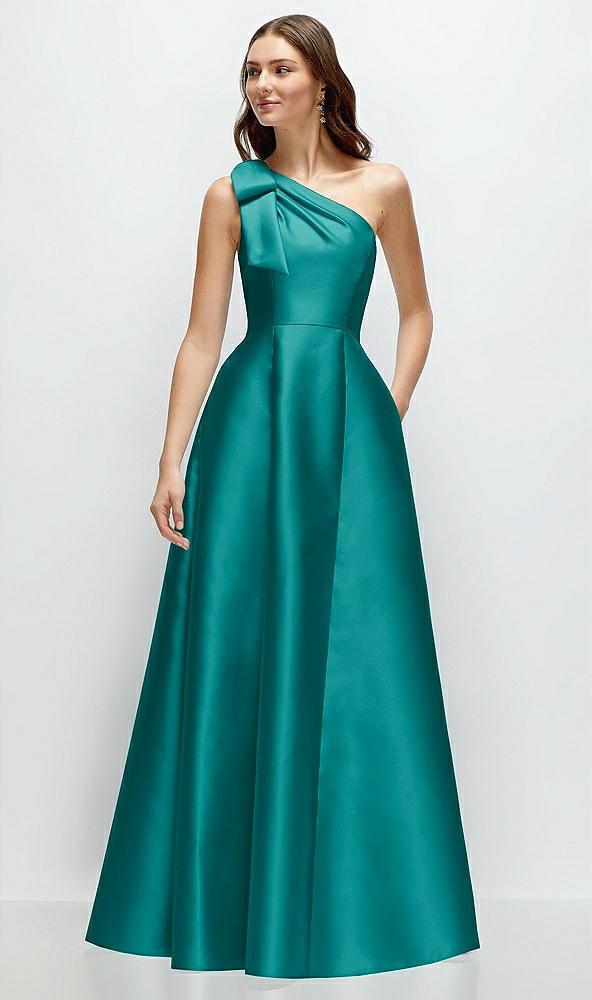 bow one-shoulder full a-line satin maxi dress