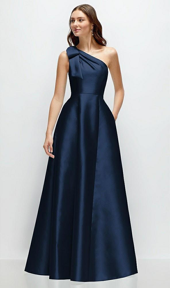 bow one-shoulder full a-line satin maxi dress