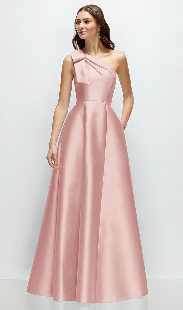 bow one-shoulder full a-line satin maxi dress