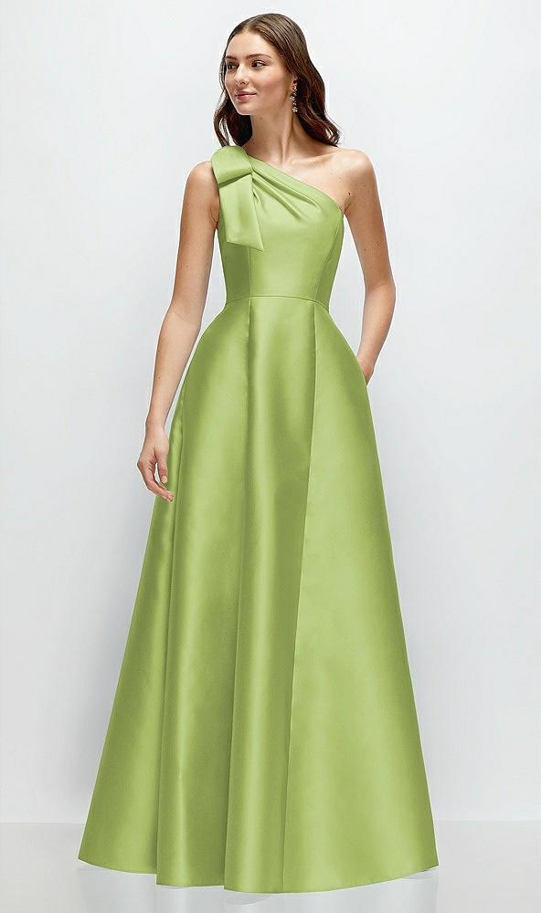 bow one-shoulder full a-line satin maxi dress