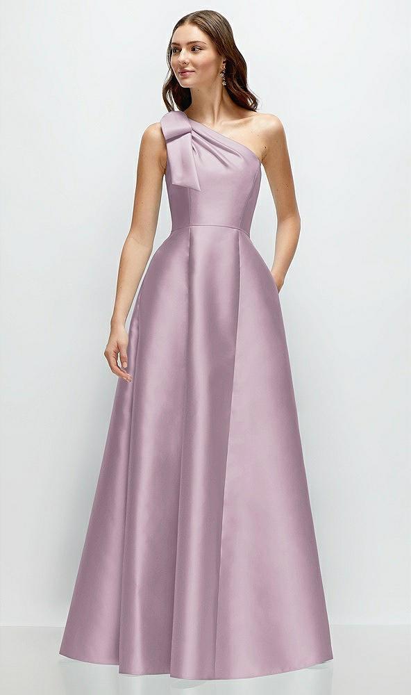bow one-shoulder full a-line satin maxi dress