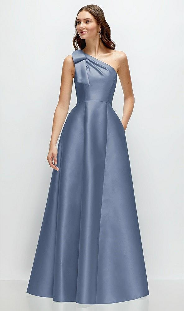 bow one-shoulder full a-line satin maxi dress