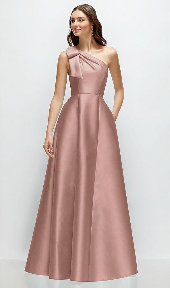 bow one-shoulder full a-line satin maxi dress