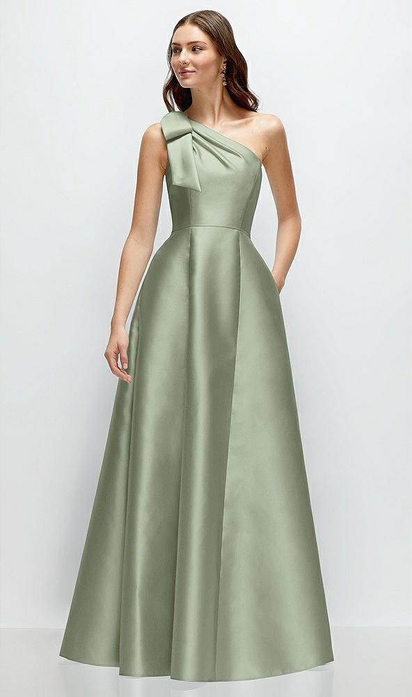 bow one-shoulder full a-line satin maxi dress