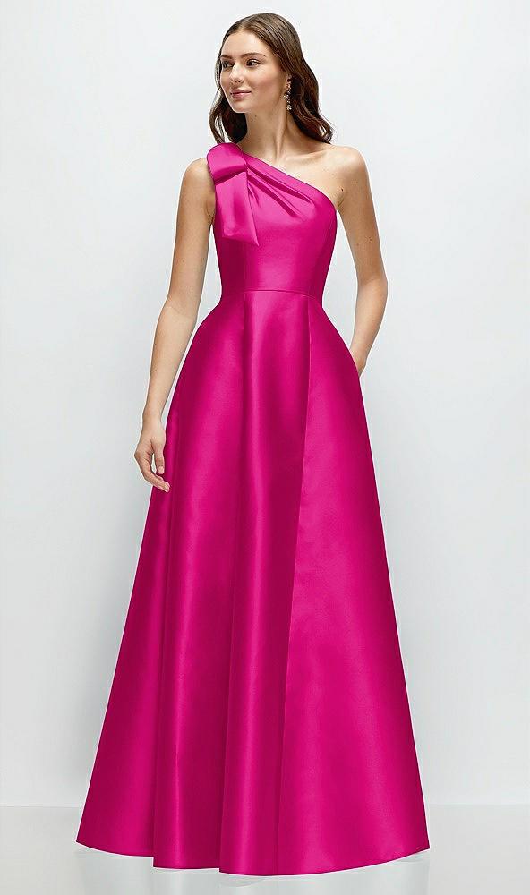 bow one-shoulder full a-line satin maxi dress