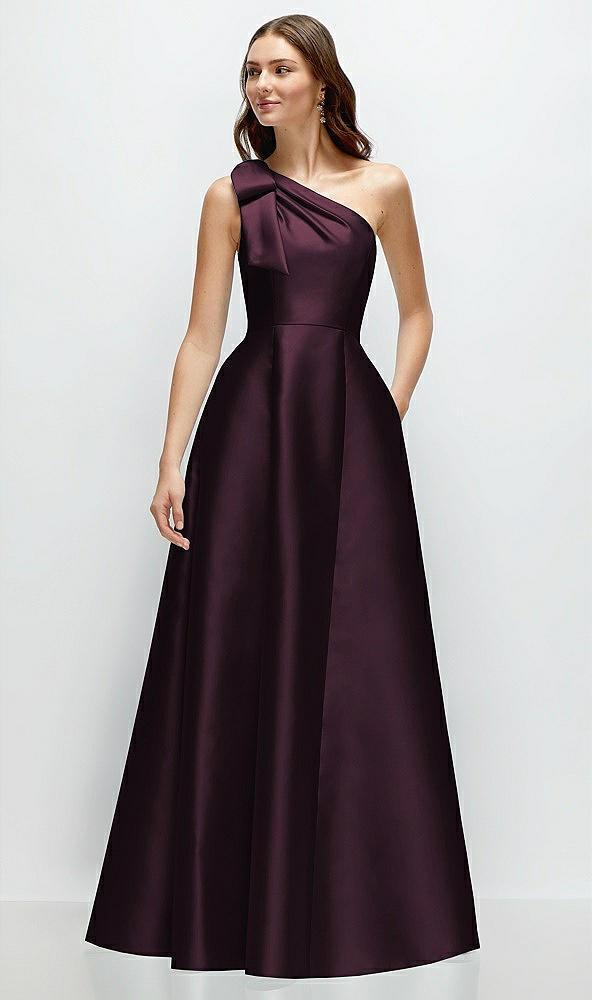 bow one-shoulder full a-line satin maxi dress