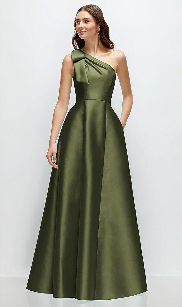 bow one-shoulder full a-line satin maxi dress