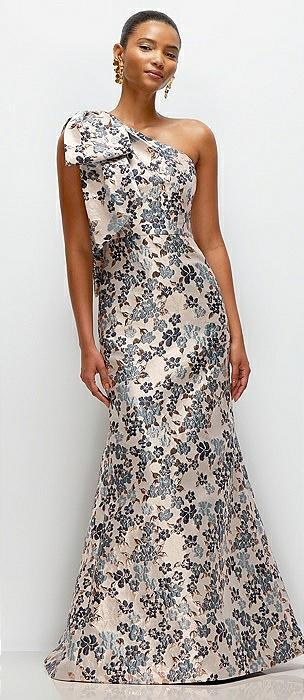 bow one-shoulder gilt indigo brocade floral maxi dress with trumpet skirt