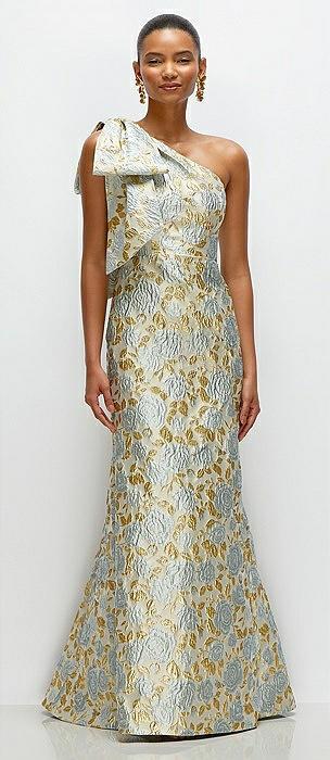 bow one-shoulder gold leaf brocade maxi dress with trumpet skirt
