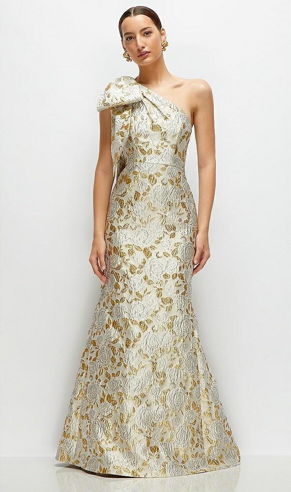 bow one-shoulder gold leaf brocade maxi dress with trumpet skirt