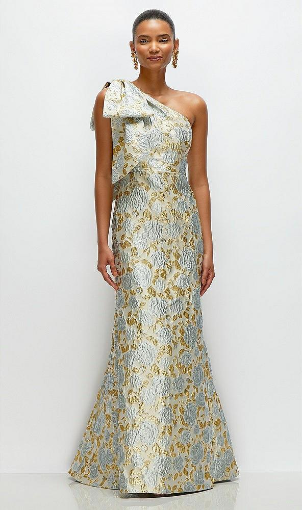 bow one-shoulder gold leaf brocade maxi dress with trumpet skirt