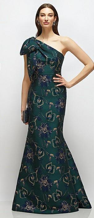bow one-shoulder oscar metallic floral jacquard trumpet maxi dress