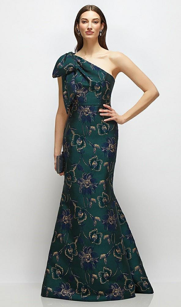 bow one-shoulder oscar metallic floral jacquard trumpet maxi dress