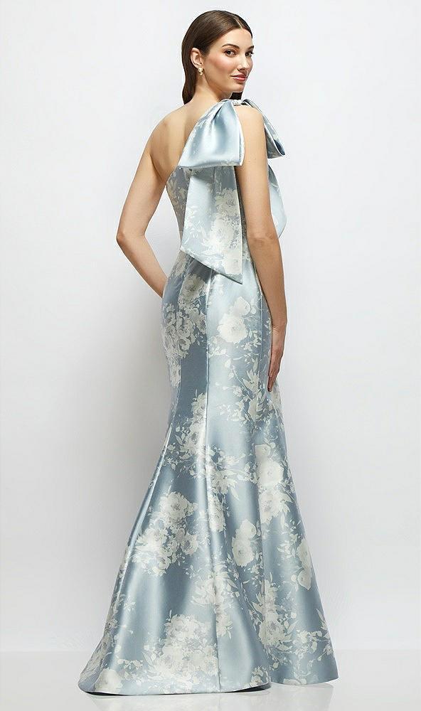 bow one-shoulder satin floral maxi dress with trumpet skirt