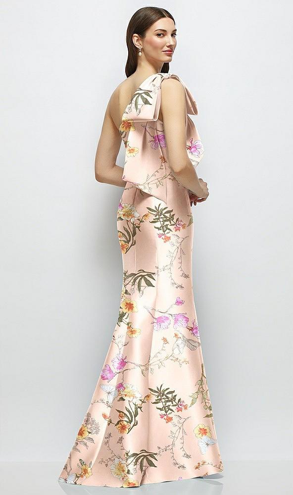 bow one-shoulder satin floral maxi dress with trumpet skirt