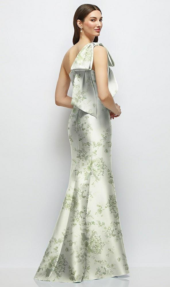 bow one-shoulder satin floral maxi dress with trumpet skirt