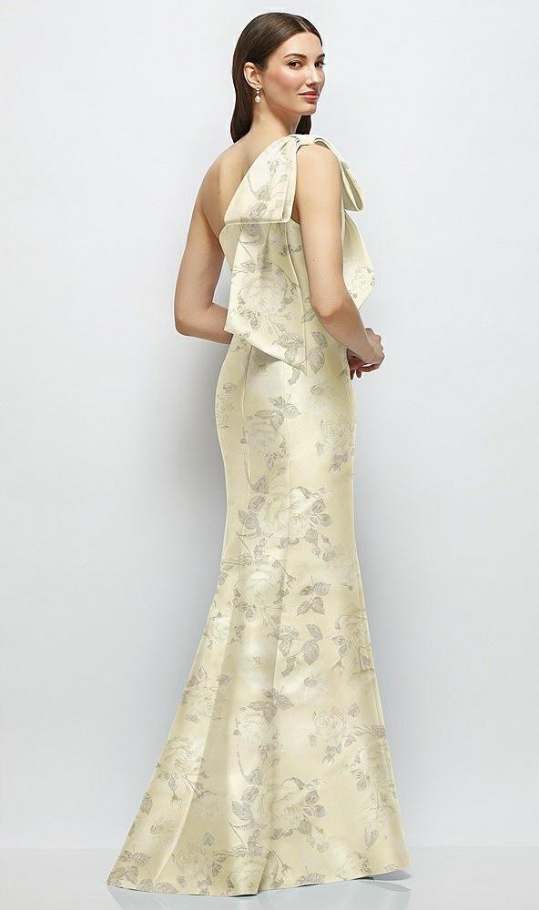 bow one-shoulder satin floral maxi dress with trumpet skirt