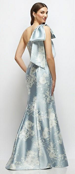 bow one-shoulder satin floral maxi dress with trumpet skirt