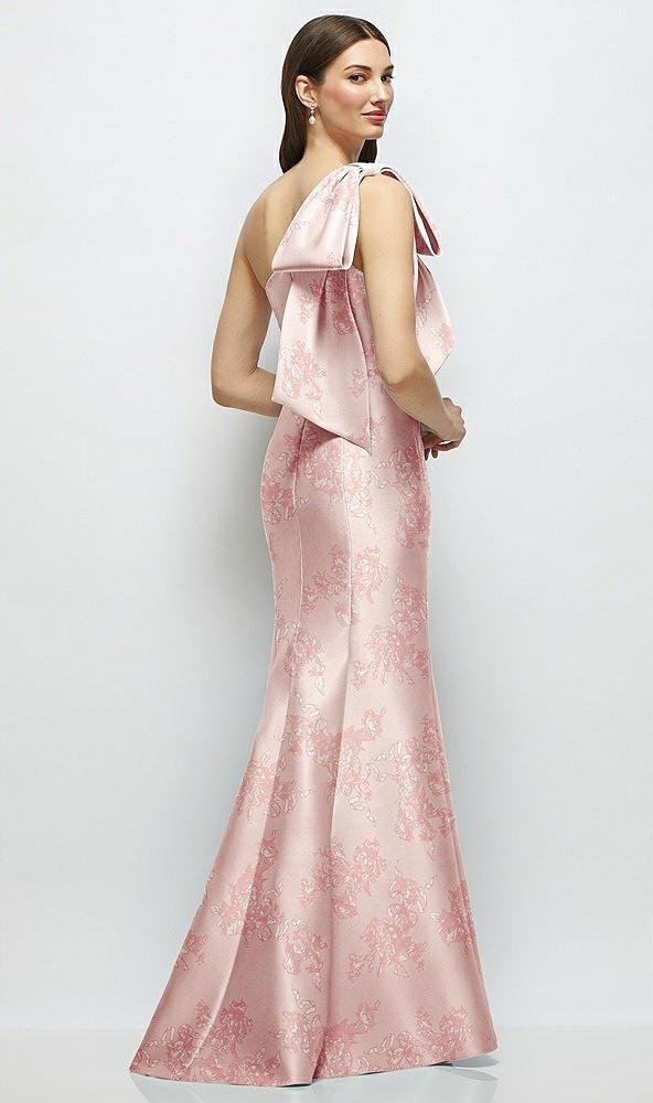 bow one-shoulder satin floral maxi dress with trumpet skirt