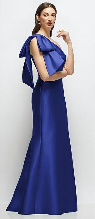 bow one-shoulder satin maxi dress with trumpet skirt