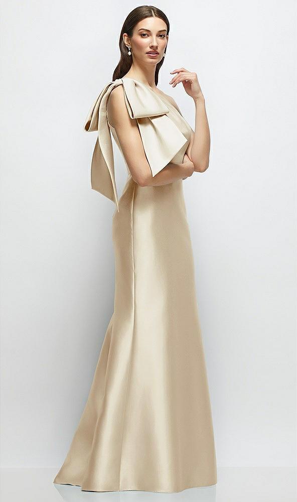 bow one-shoulder satin maxi dress with trumpet skirt