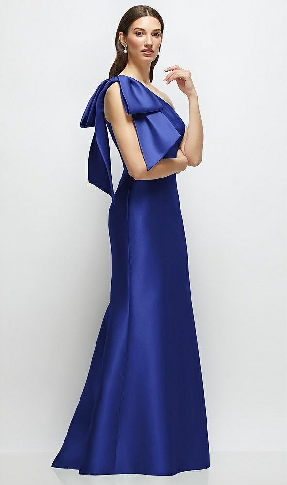 bow one-shoulder satin maxi dress with trumpet skirt