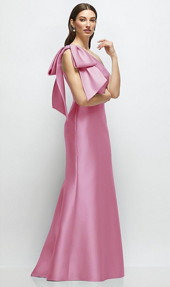 bow one-shoulder satin maxi dress with trumpet skirt