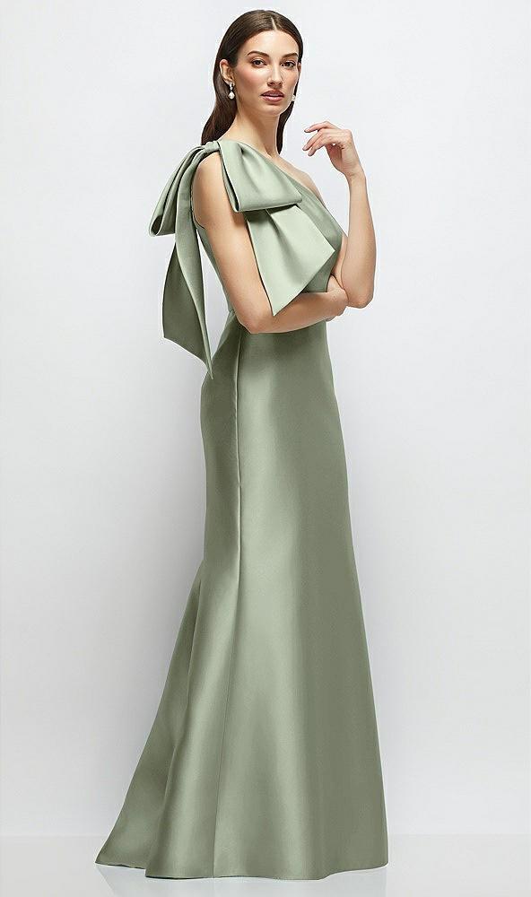 bow one-shoulder satin maxi dress with trumpet skirt